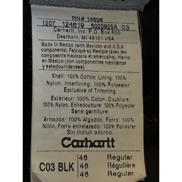 Carhartt Coat Duck Artic Quilt Lined Jacket SZ 46 R  X Large Black C03 BLK - Picture 11 of 11